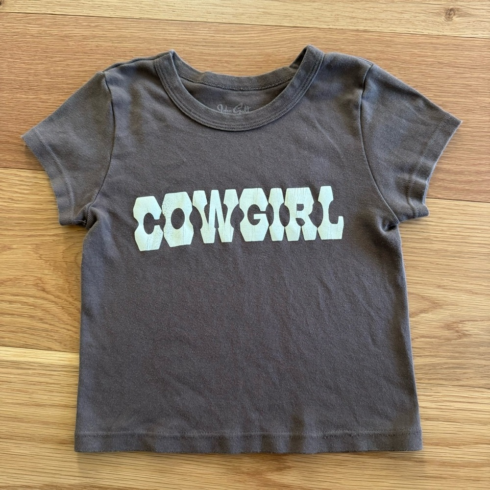 Brandy Melville Brown Tee with White "COWGIRL" Graphic